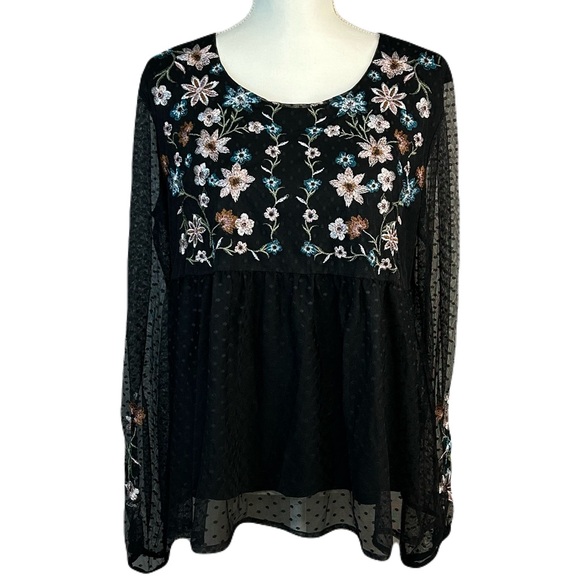 Style & Co Embroidered Tunic Top Sz L Round Neck Sheer Polka Dot Slv Fairy Boho - Picture 1 of 12